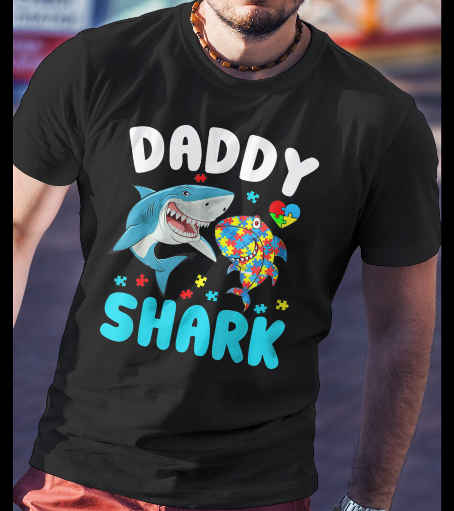Daddy Shark Autism Awareness Puzzle Heart T-Shirt