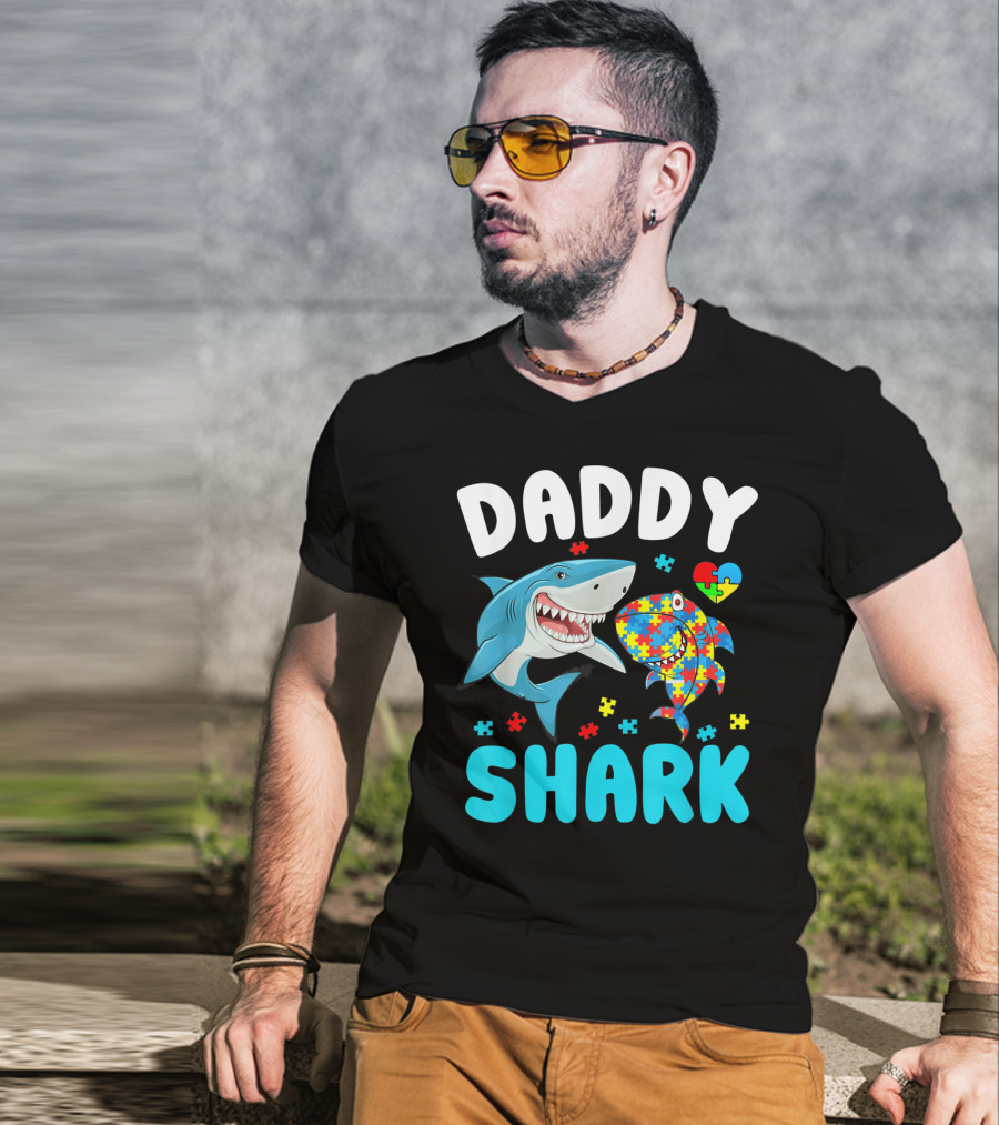 Daddy Shark Autism Awareness Puzzle Heart T-Shirt
