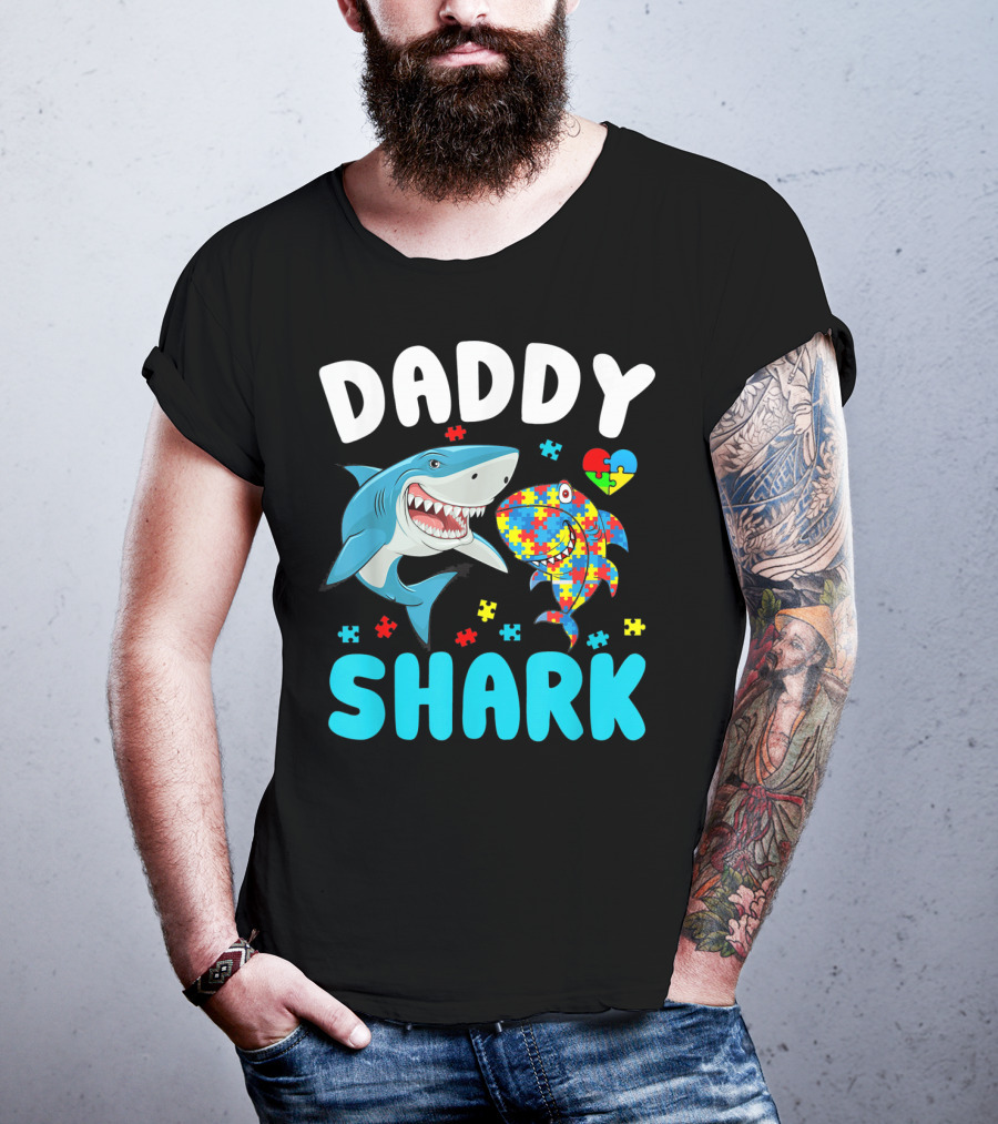 Daddy Shark Autism Awareness Puzzle Heart T-Shirt