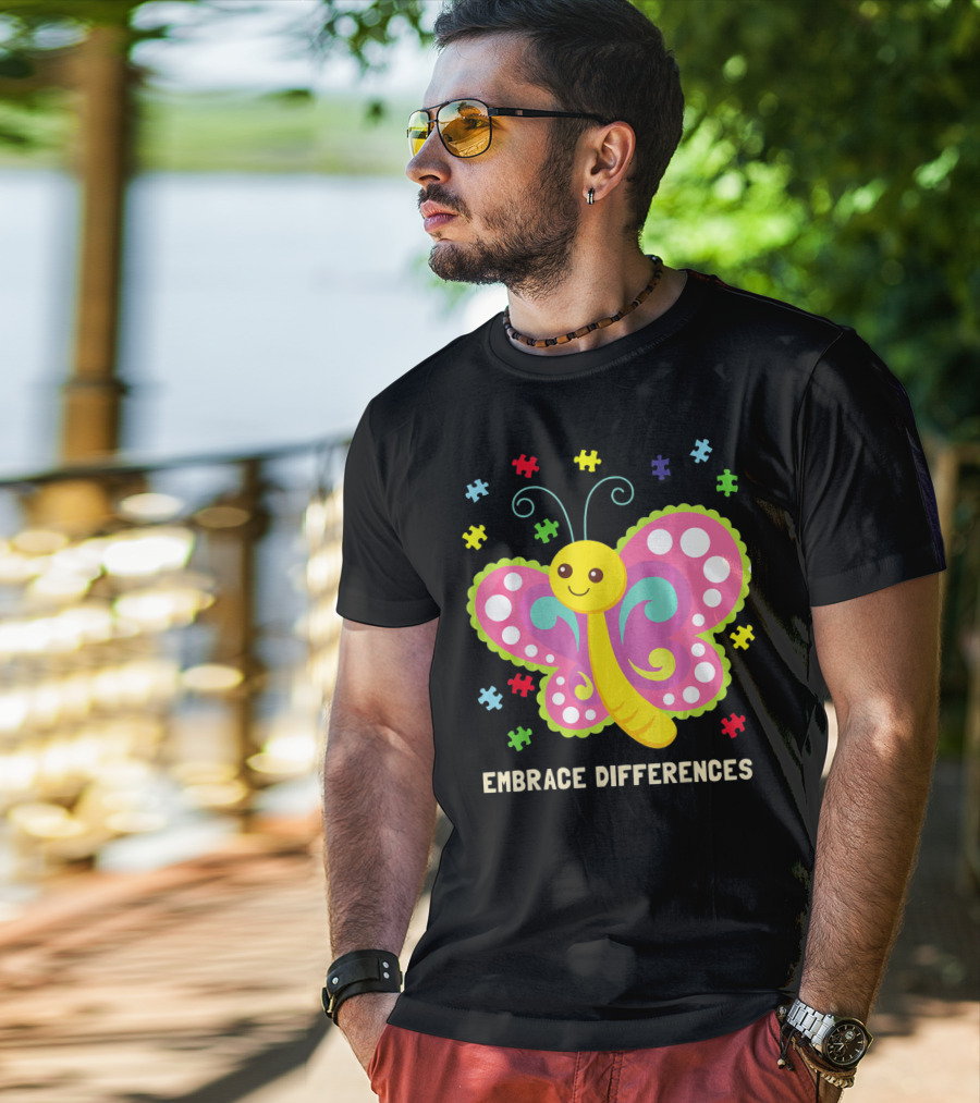 Embrace Differences Autism Awareness Boy Girl Butterfly Puzzle Pieces T-Shirt