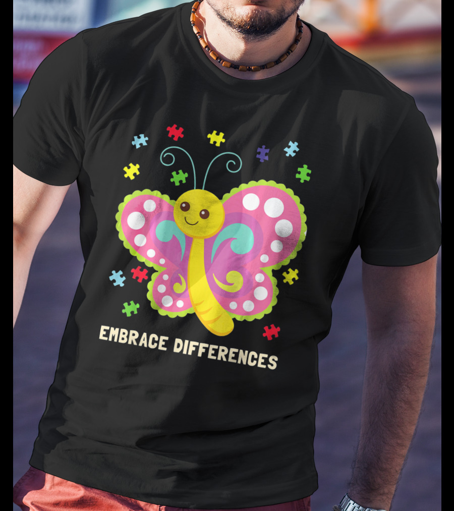 Embrace Differences Autism Awareness Boy Girl Butterfly Puzzle Pieces T-Shirt