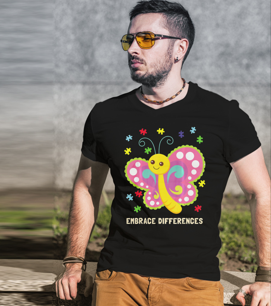 Embrace Differences Autism Awareness Boy Girl Butterfly Puzzle Pieces T-Shirt