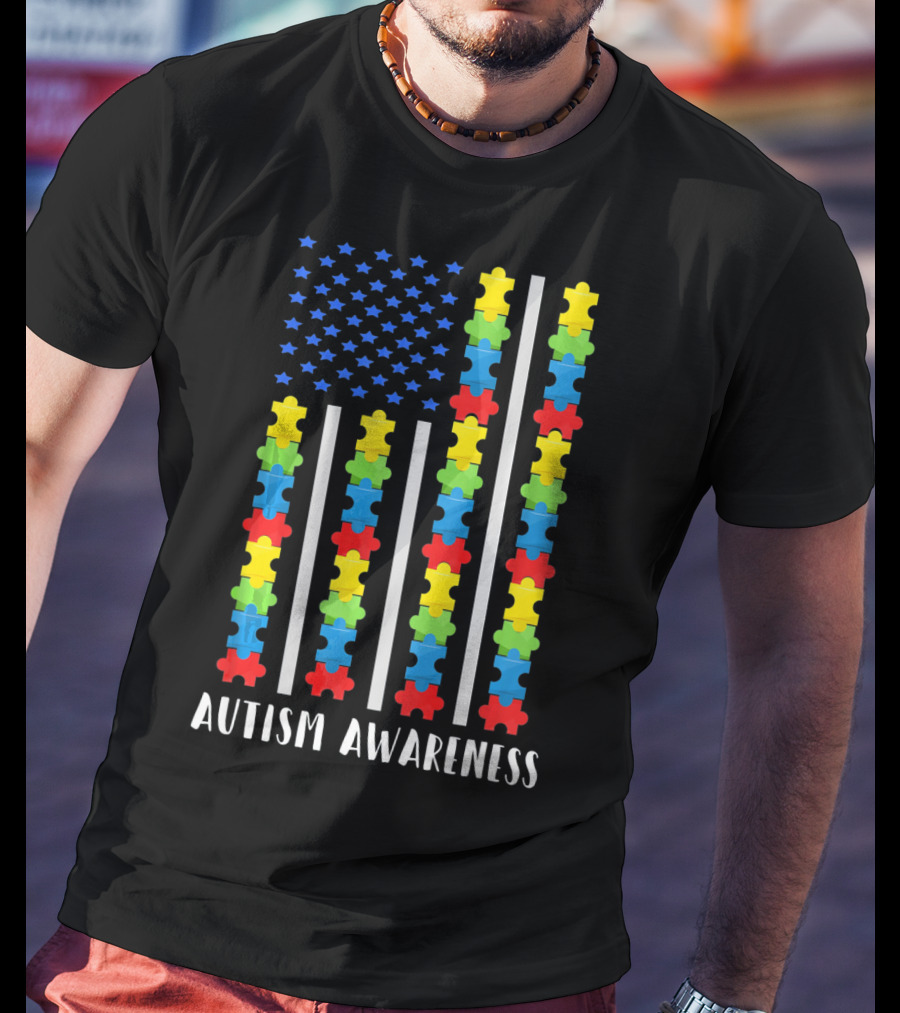 Autism Awareness Puzzle Piece USA Flag T-Shirt