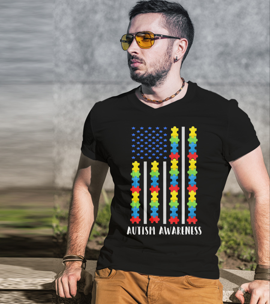 Autism Awareness Puzzle Piece USA Flag T-Shirt