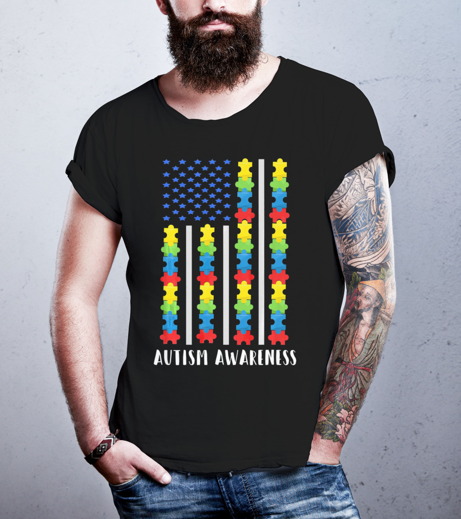 Autism Awareness Puzzle Piece USA Flag T-Shirt