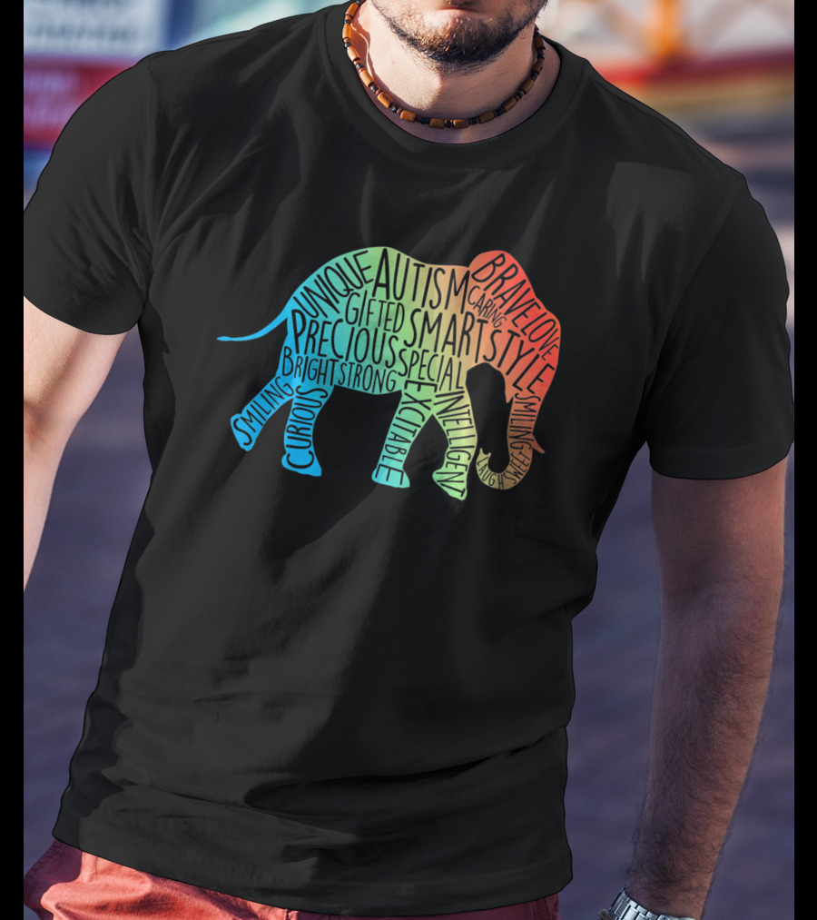 Autism Awareness Elephant Collage Brave Unique Precious Bright Smart Strong T-Shirt