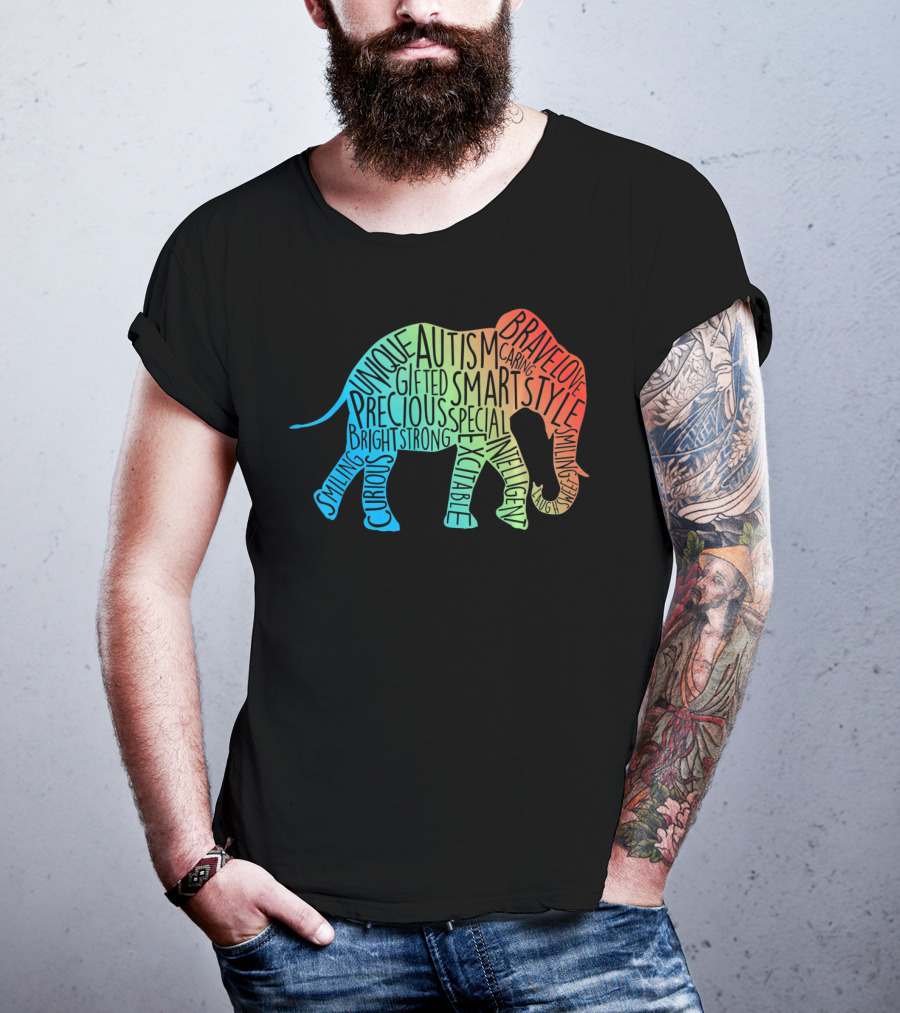 Autism Awareness Elephant Collage Brave Unique Precious Bright Smart Strong T-Shirt