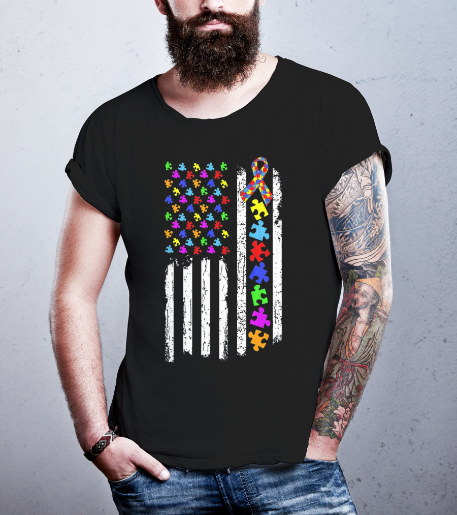 Autism Awareness Puzzle Pieces American Flag T-Shirt