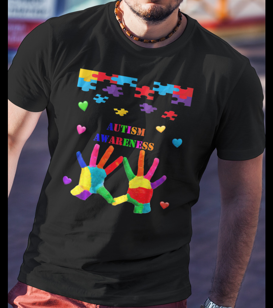 Autism Awareness Colorful Hands With Puzzle Pieces And Hearts T-Shirt