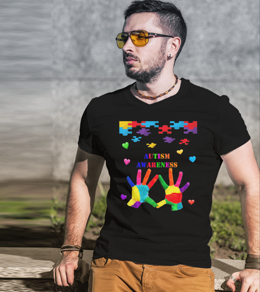 Autism Awareness Colorful Hands With Puzzle Pieces And Hearts T-Shirt