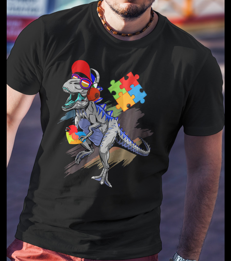 Dinosaur Puzzle Piece Glasses Funny Autism Awareness T-Shirt