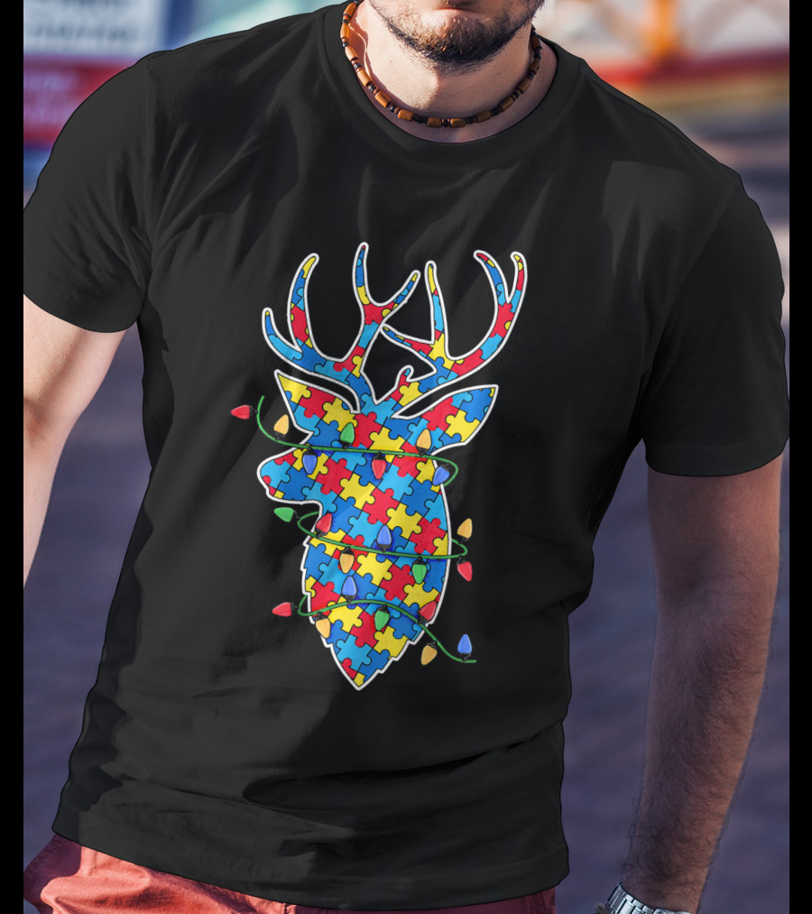 Christmas Autism Awareness Mom Puzzle Reindeer Lights T-Shirt