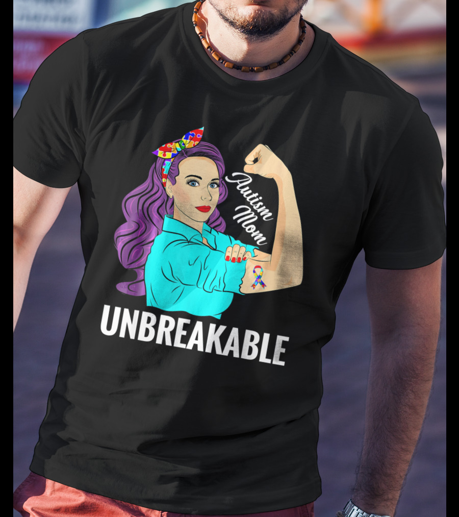 Autism Mom Unbreakable Awareness Rosie The Riveter With Puzzle T-Shirt