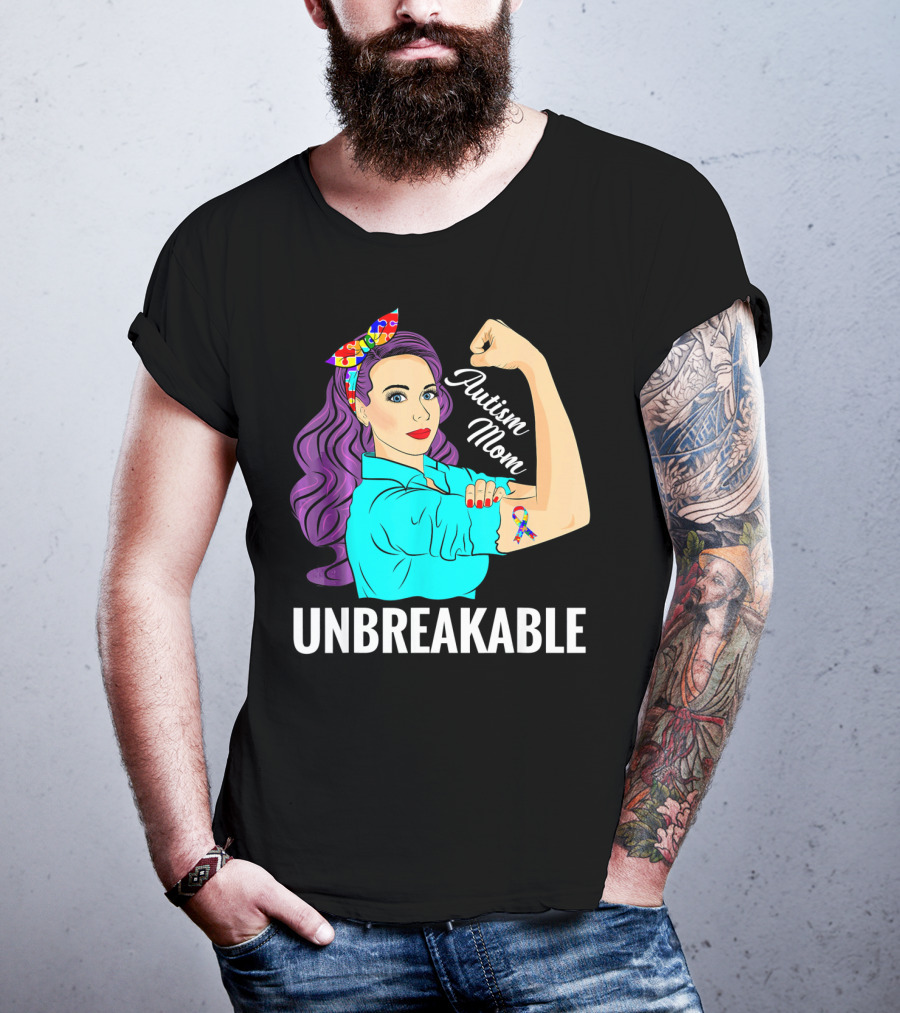 Autism Mom Unbreakable Awareness Rosie The Riveter With Puzzle T-Shirt
