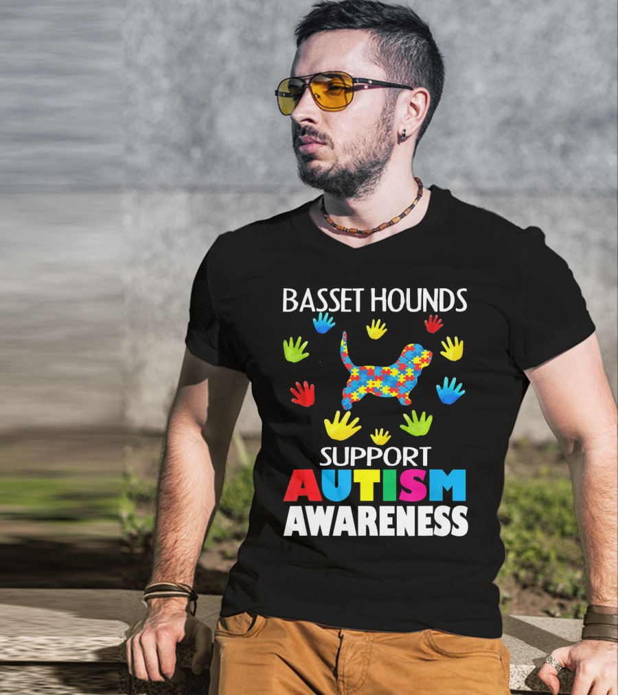 Basset Hounds Support Autism Awareness Puzzle Pattern Hands T-Shirt