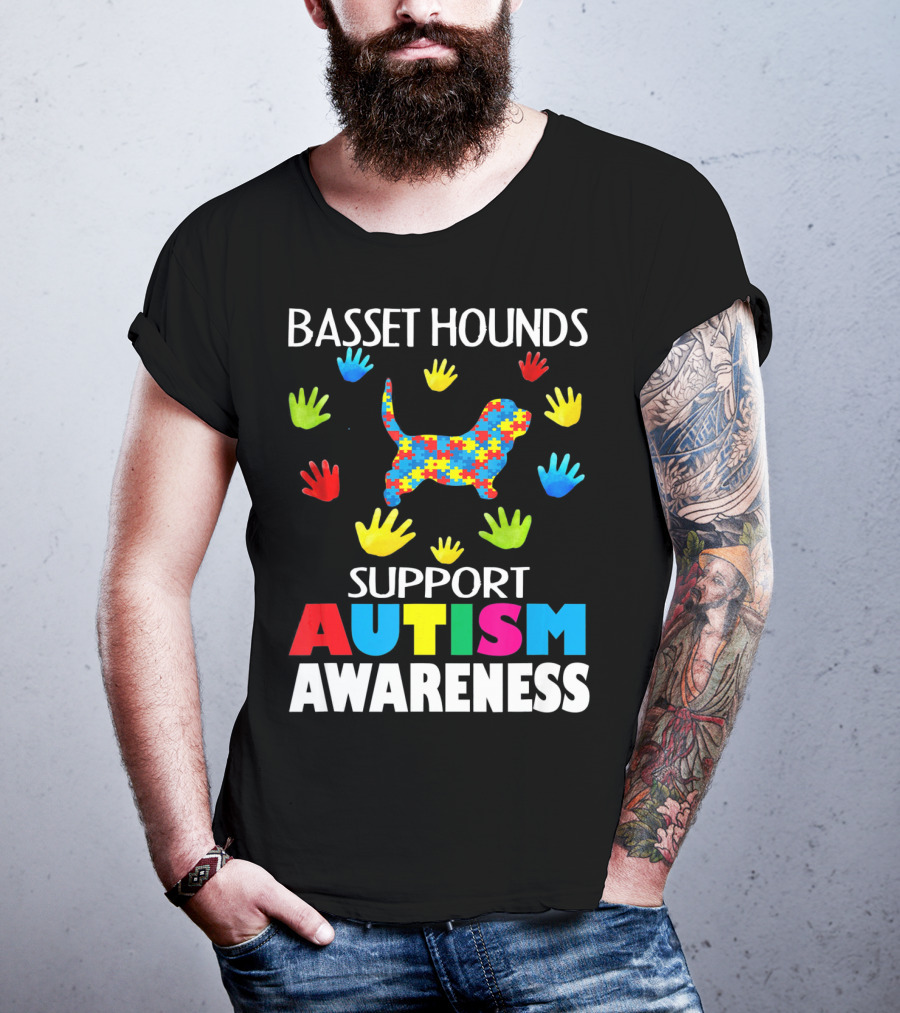 Basset Hounds Support Autism Awareness Puzzle Pattern Hands T-Shirt