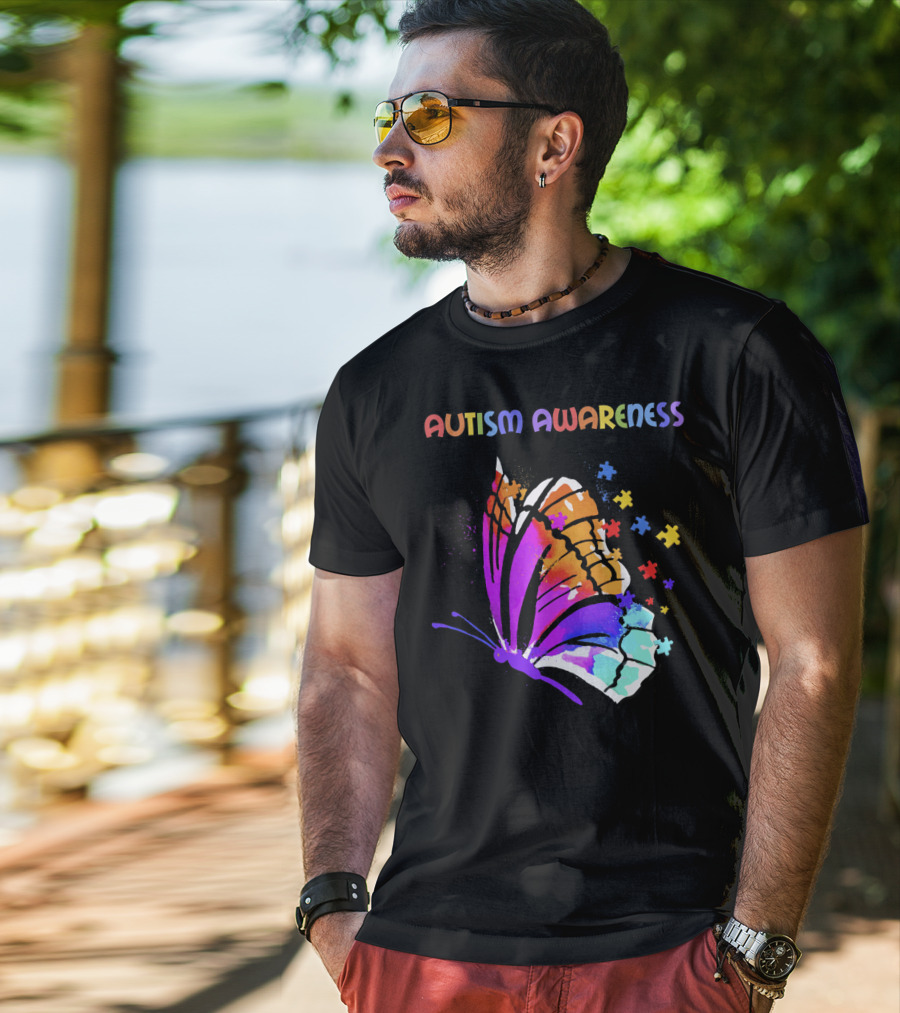 Autism Awareness Colorful Butterfly With Puzzle Pieces T-Shirt