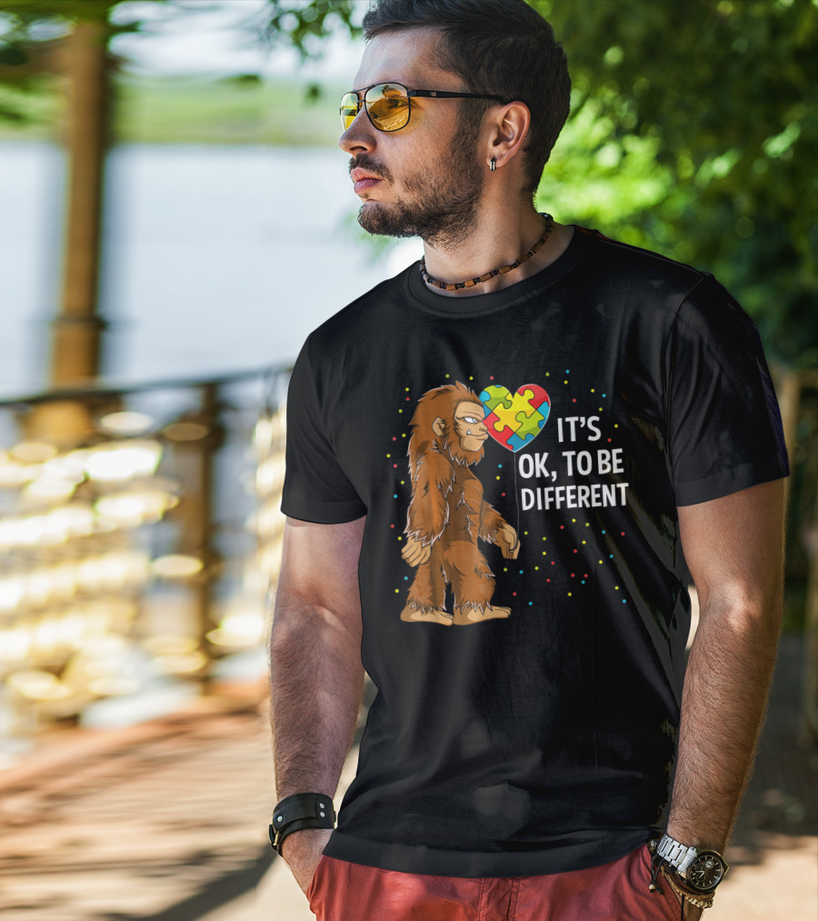 Autism Awareness Bigfoot Heart Puzzle It's OK To Be Different T-Shirt