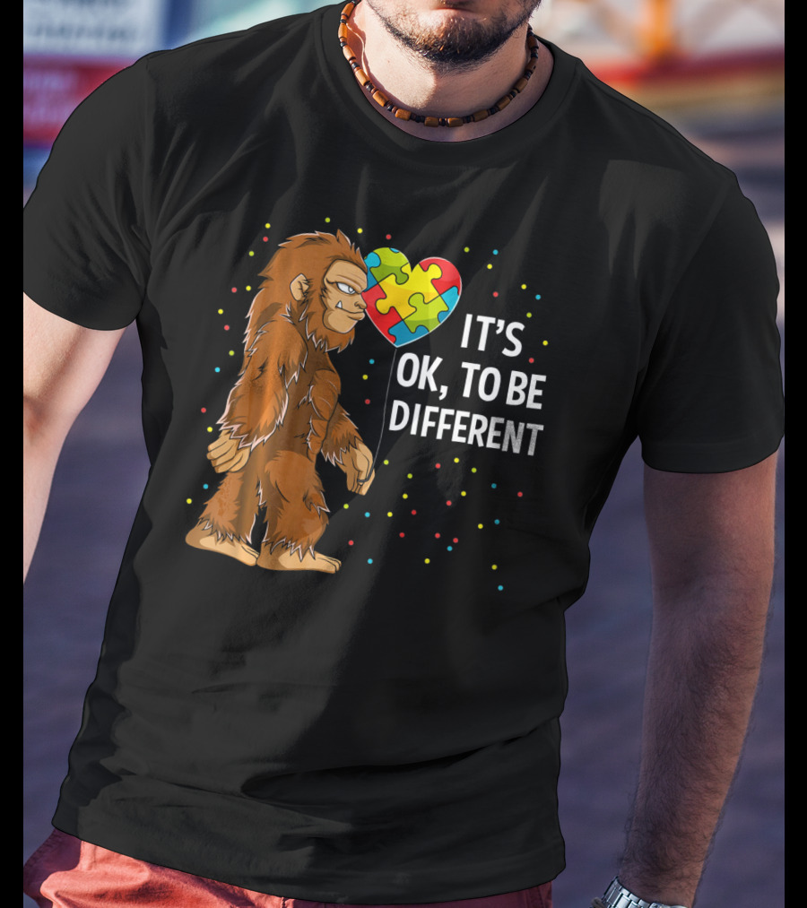 Autism Awareness Bigfoot Heart Puzzle It's OK To Be Different T-Shirt
