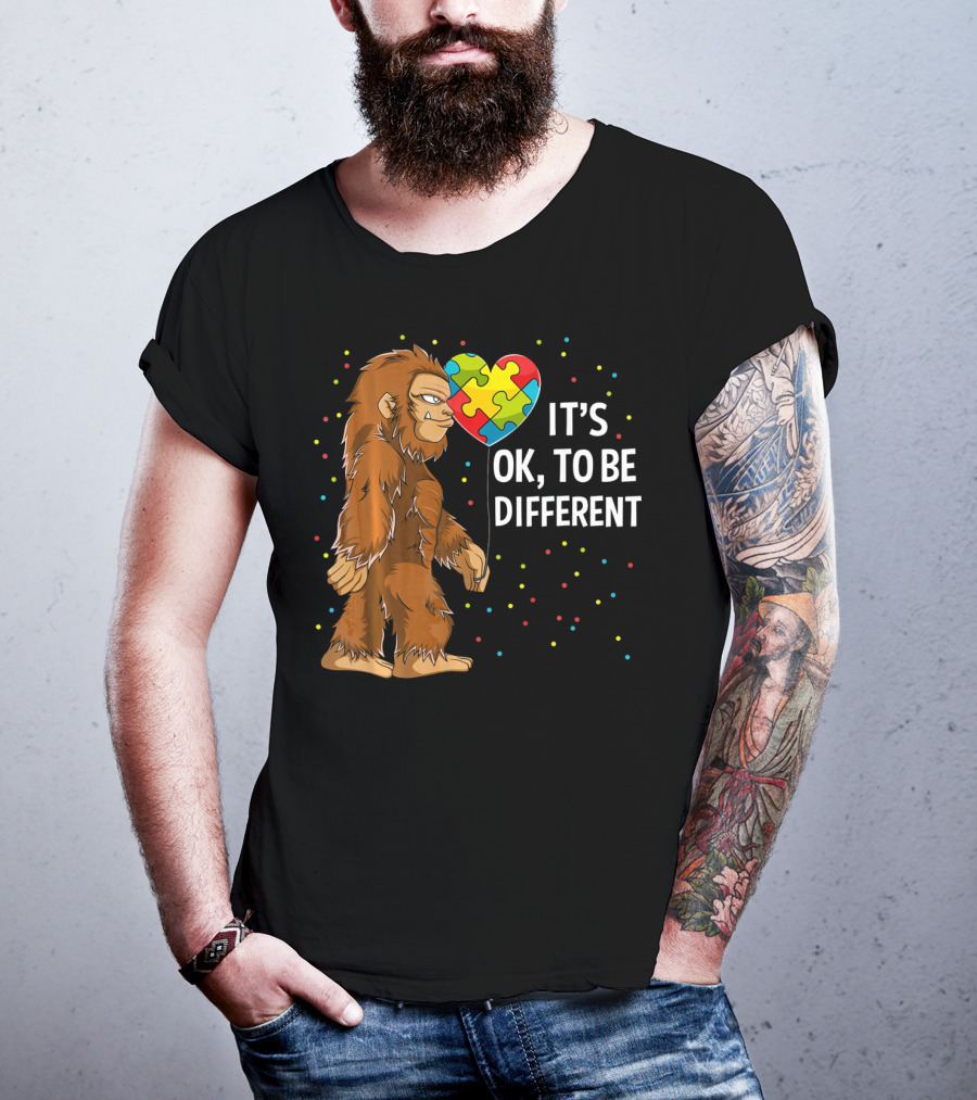 Autism Awareness Bigfoot Heart Puzzle It's OK To Be Different T-Shirt