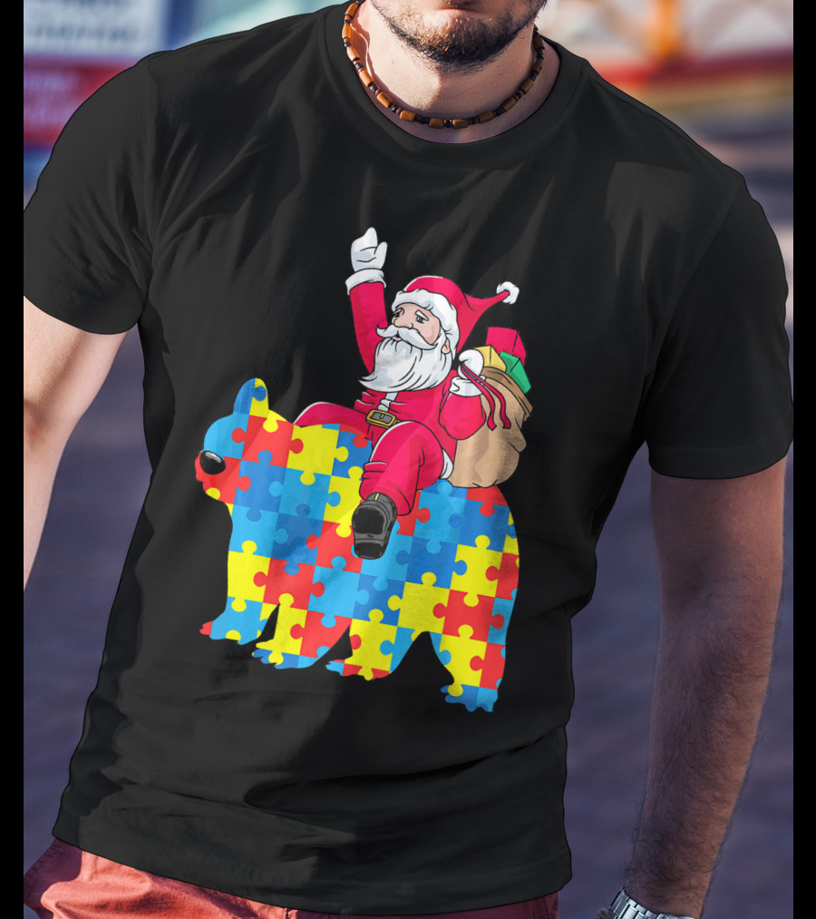 Santa Claus Riding Puzzle Piece Bear Autism Awareness T-Shirt
