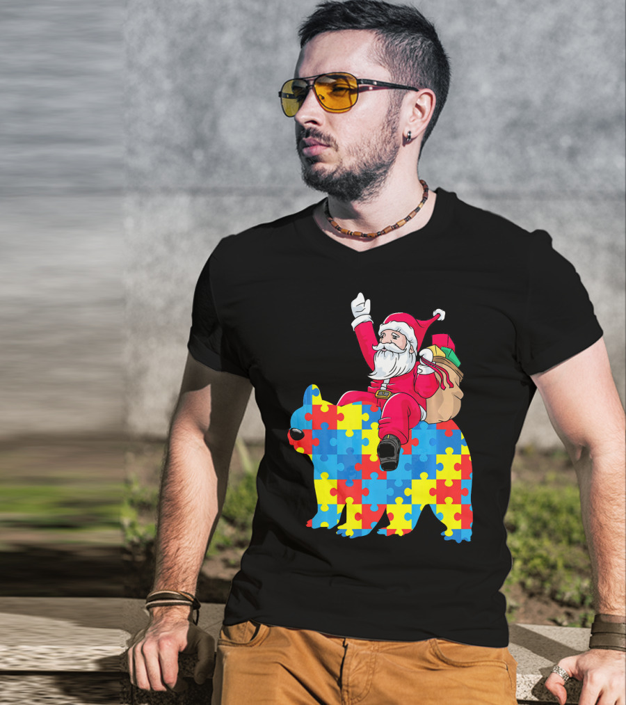Santa Claus Riding Puzzle Piece Bear Autism Awareness T-Shirt