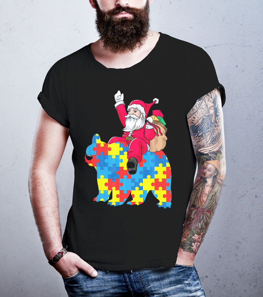 Santa Claus Riding Puzzle Piece Bear Autism Awareness T-Shirt
