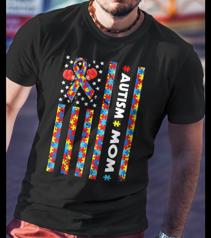 Autism Awareness American Flag Mom Puzzle T-Shirt
