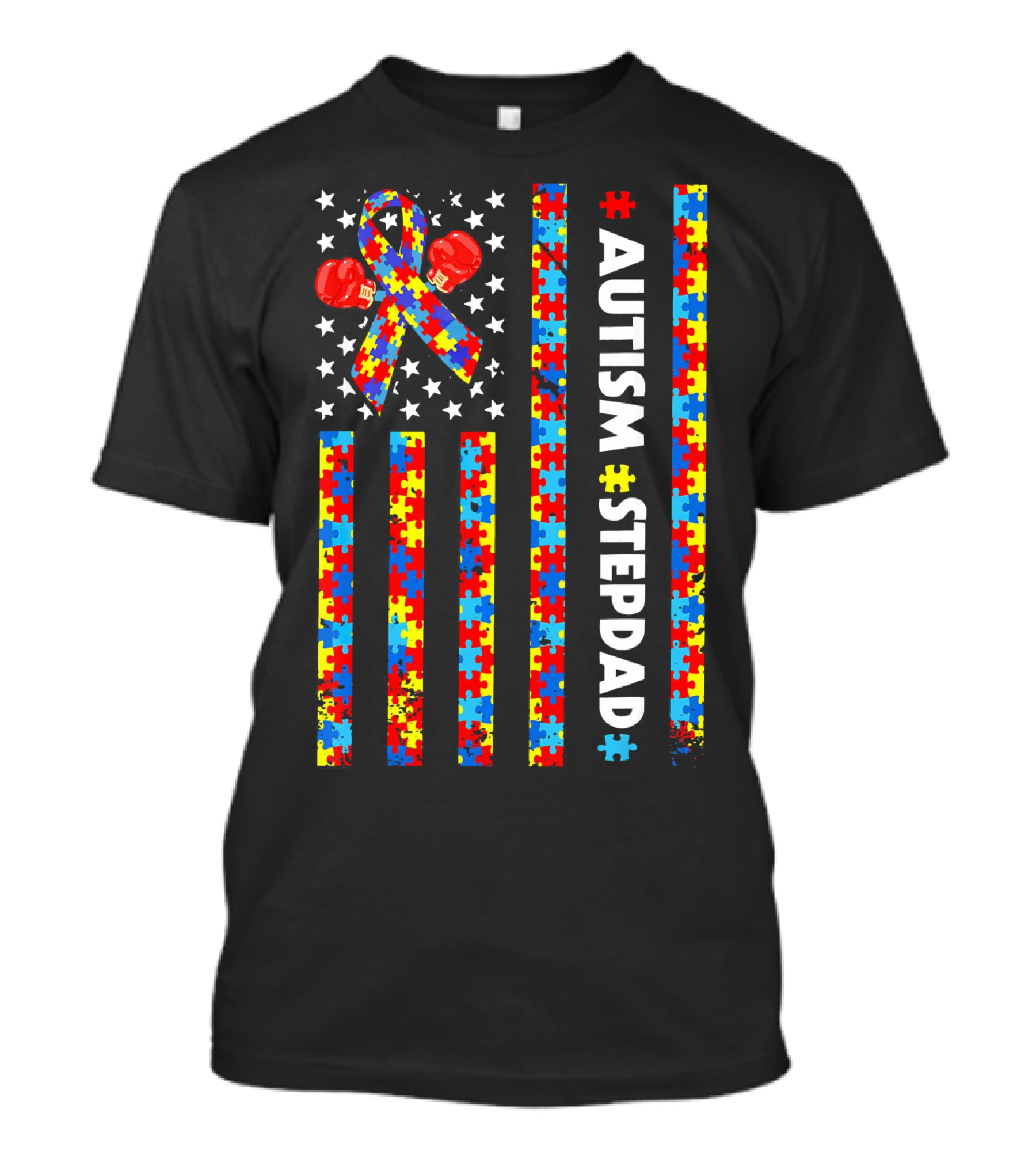 Autism Awareness Puzzle Ribbon Boxing Gloves American Flag Stepdad T-Shirt