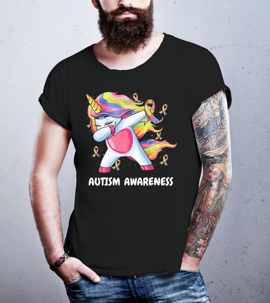 Autism Awareness Dabbing Rainbow Unicorn With Puzzle T-Shirt