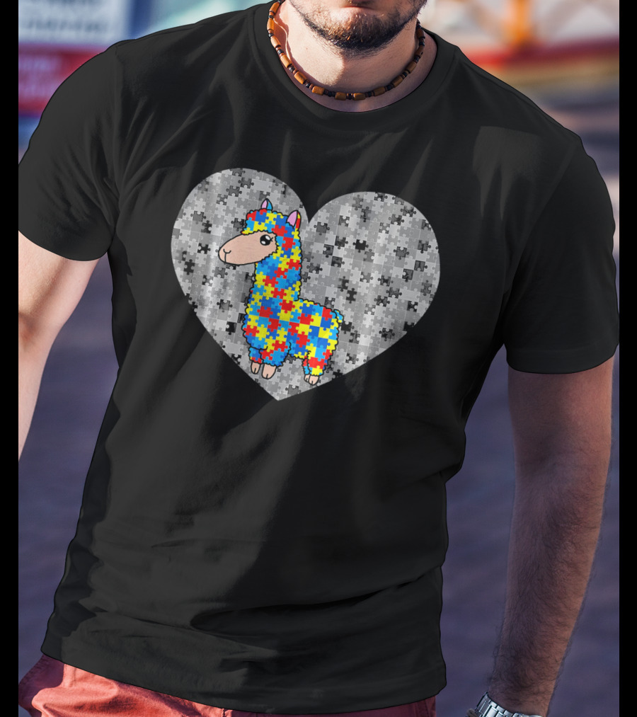 Funny Puzzle Llama Heart Autism Awareness Day T-Shirt