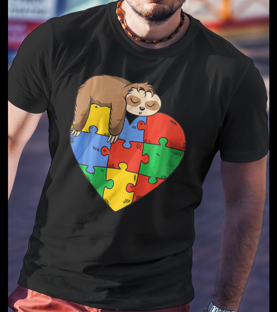 Cute Sloth Heart Puzzle Autism Parents Autistic Child T-Shirt