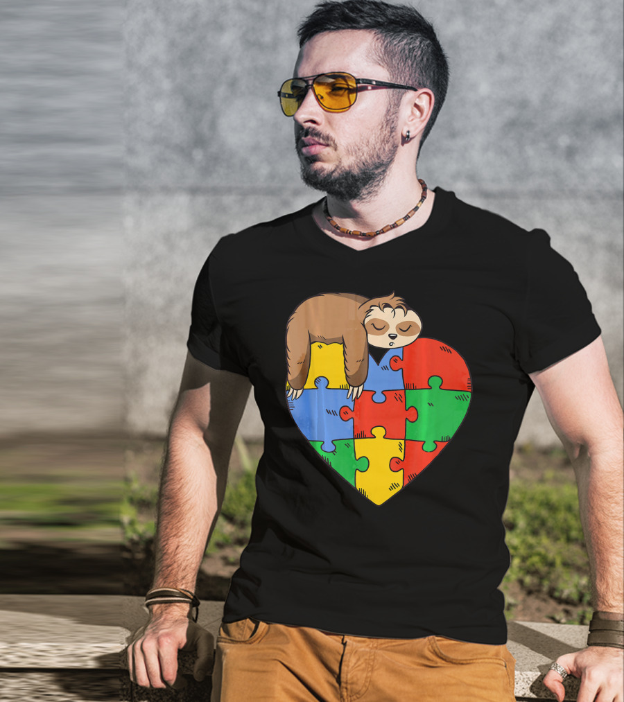 Cute Sloth Heart Puzzle Autism Parents Autistic Child T-Shirt