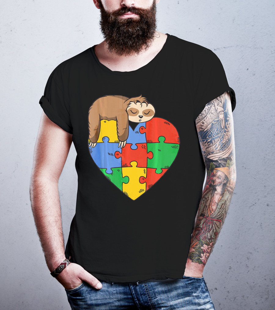 Cute Sloth Heart Puzzle Autism Parents Autistic Child T-Shirt