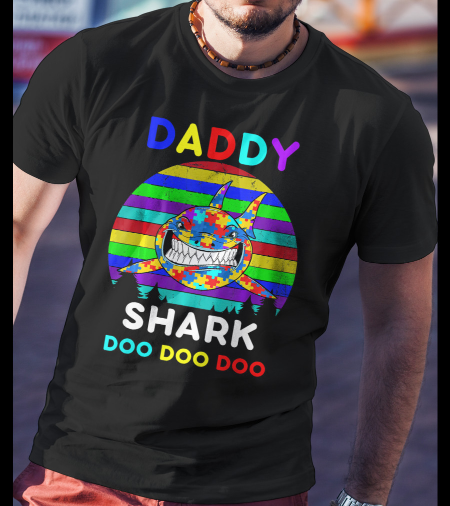 Daddy Shark Doo Doo Autism Awareness Colorful Puzzle Stripes T-Shirt