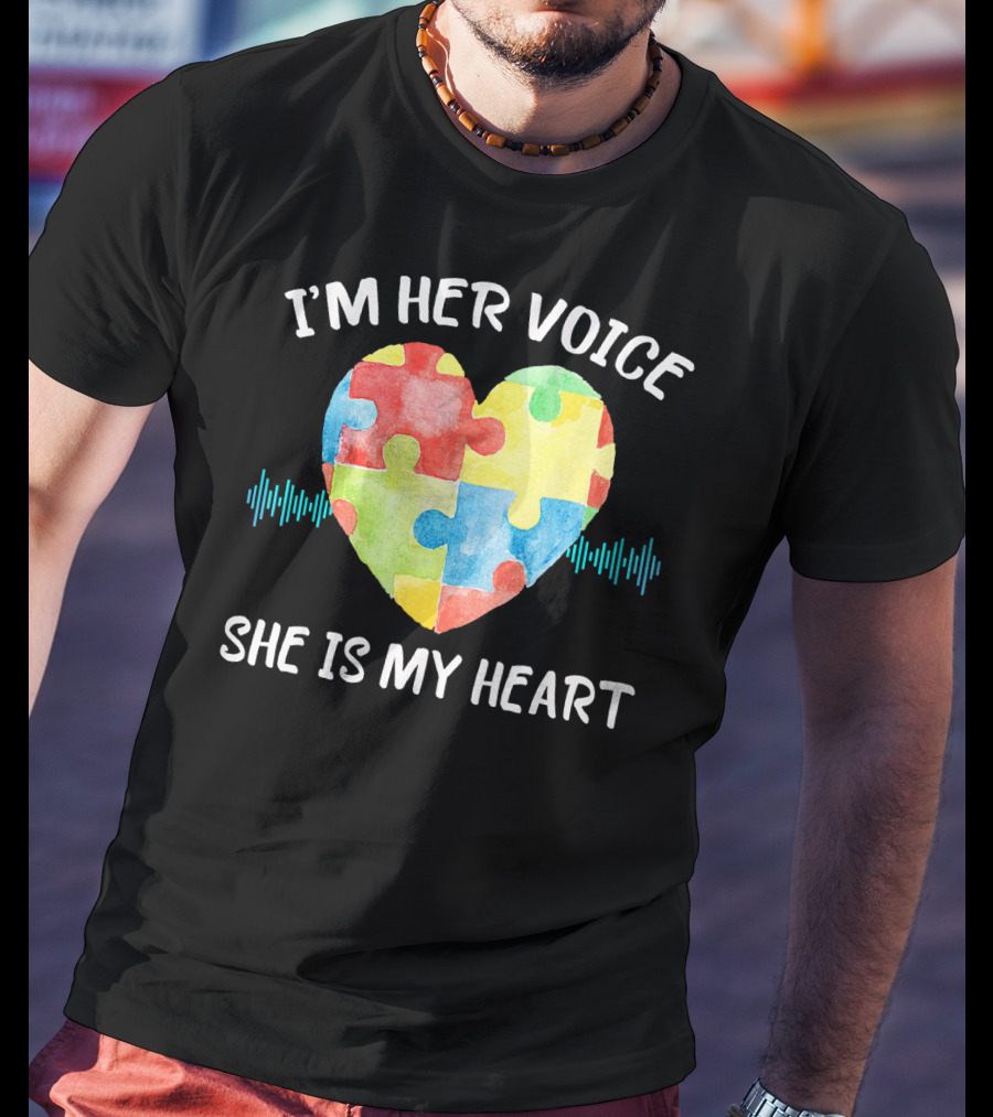 I'M HER VOICE SHE IS MY HEART Autism Puzzle Heart T-Shirt