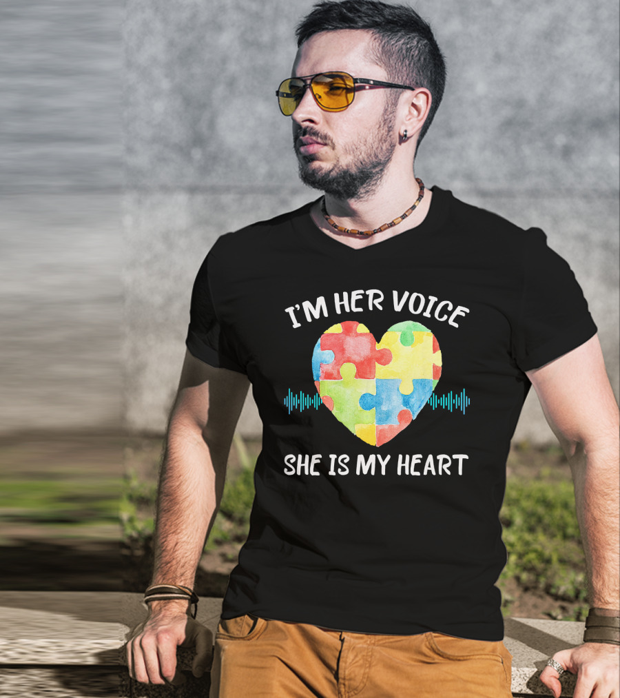 I'M HER VOICE SHE IS MY HEART Autism Puzzle Heart T-Shirt