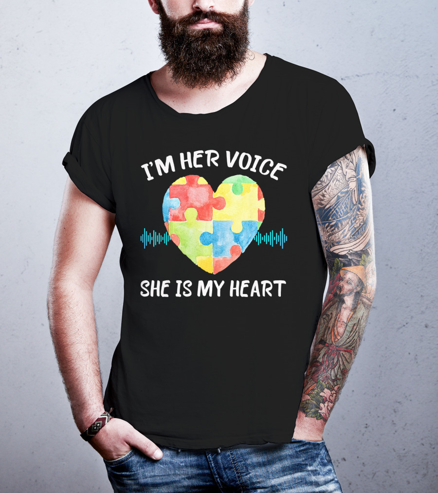 I'M HER VOICE SHE IS MY HEART Autism Puzzle Heart T-Shirt
