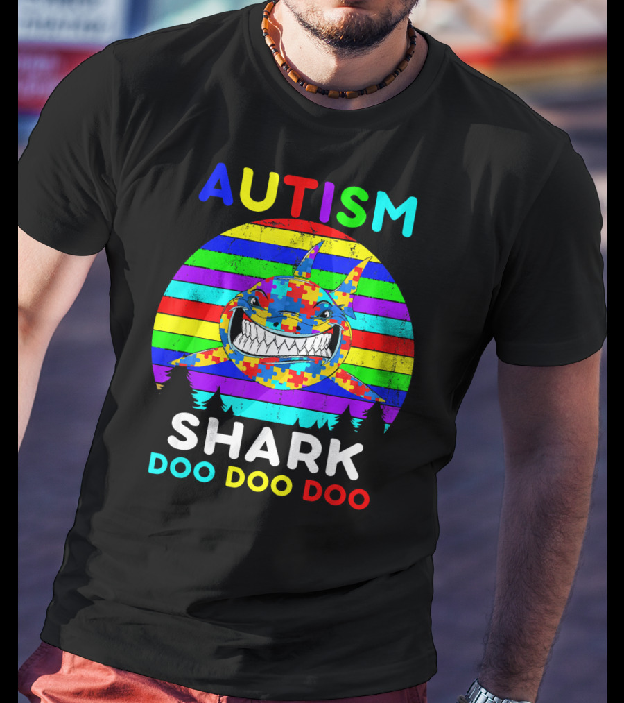 Autism Shark Doo Doo Doo Puzzle Piece Rainbow Awareness T-Shirt