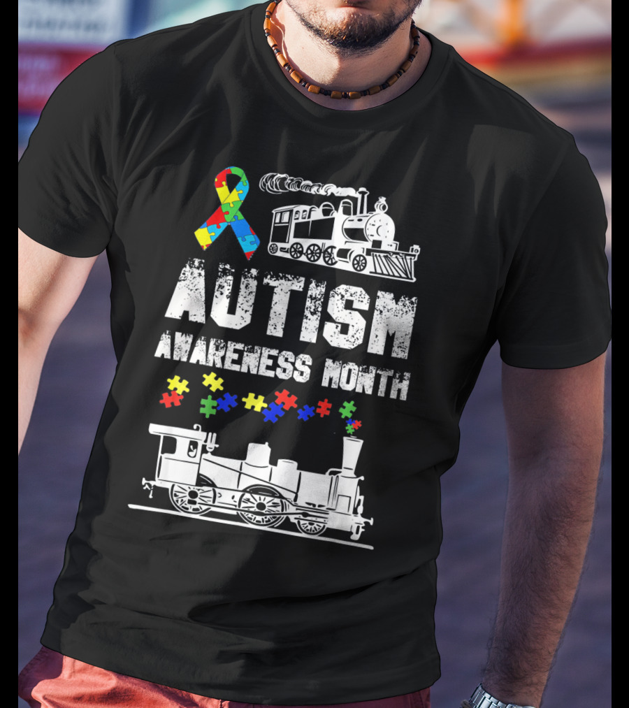 Autism Awareness Month Puzzle Ribbon Steam Train T-Shirt