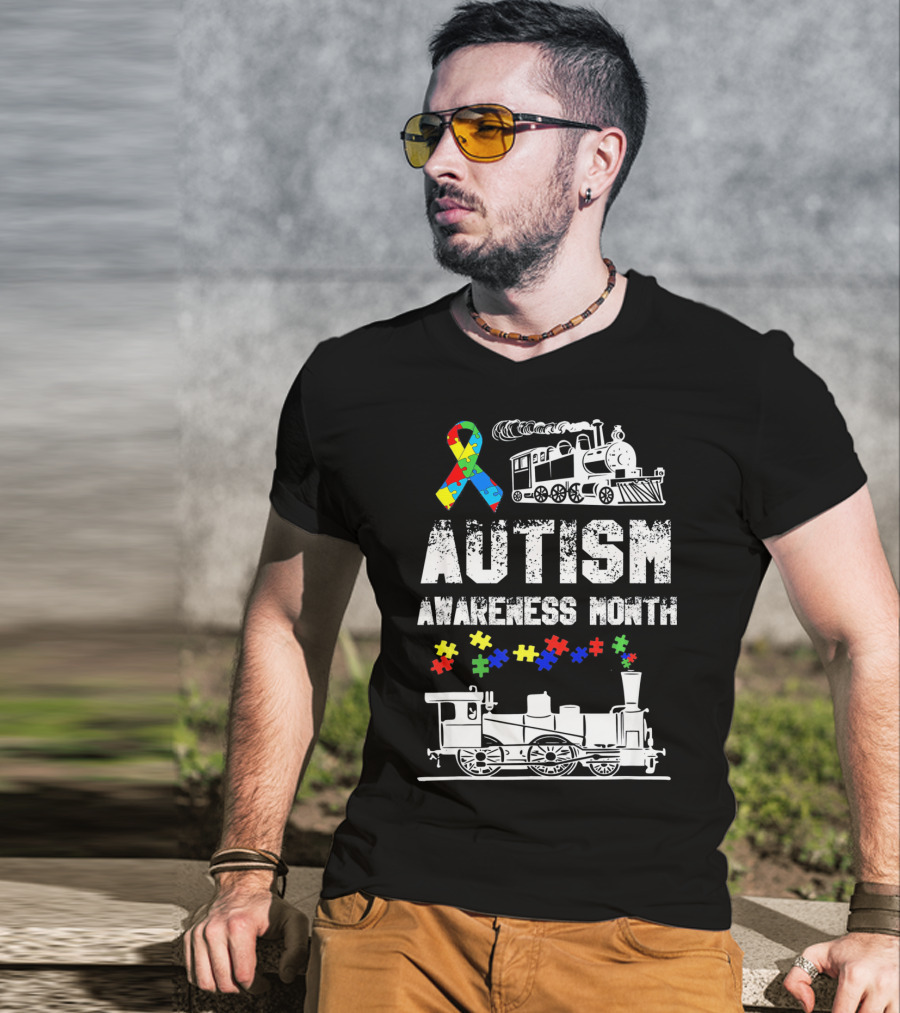 Autism Awareness Month Puzzle Ribbon Steam Train T-Shirt