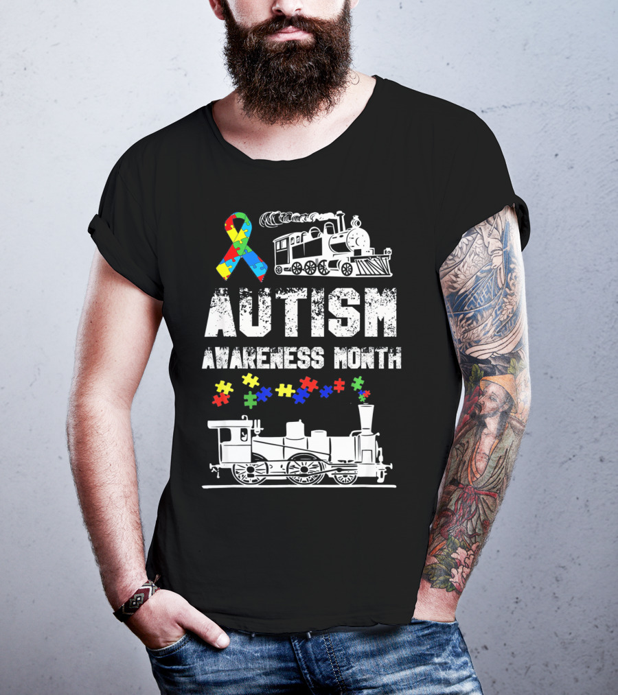 Autism Awareness Month Puzzle Ribbon Steam Train T-Shirt