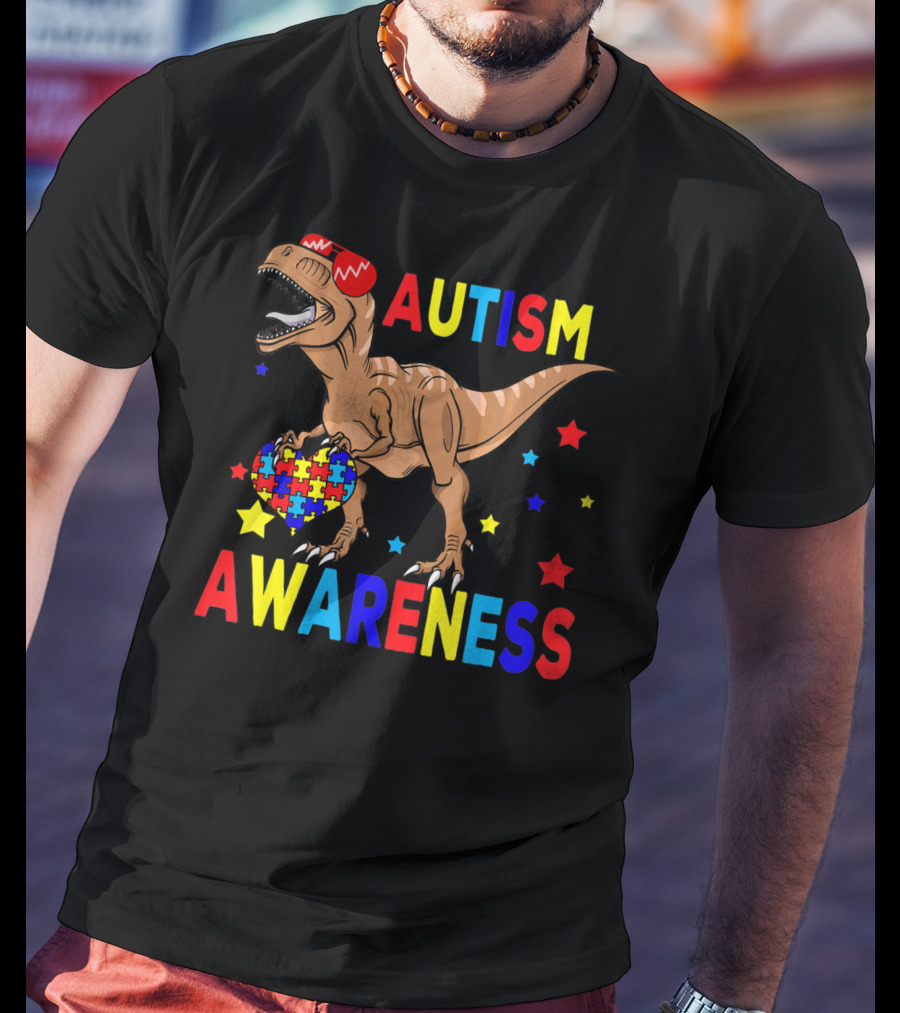 Cool Rex Dino Autism Awareness Puzzle Heart And Stars T-Shirt