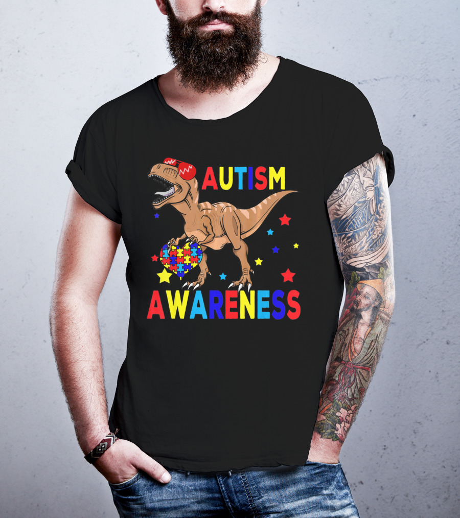 Cool Rex Dino Autism Awareness Puzzle Heart And Stars T-Shirt