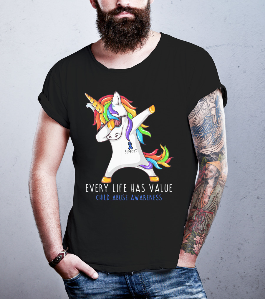 Every Life Has Value Child Abuse Awareness Support Unicorn Dabbing T-Shirt