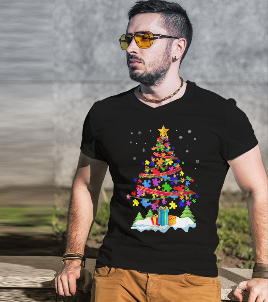 Autism Christmas Tree Puzzle Pieces And Gifts Festive T-Shirt