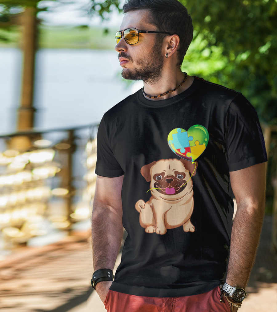 Autism Awareness Pug Puppy Heart Puzzle Balloon T-Shirt