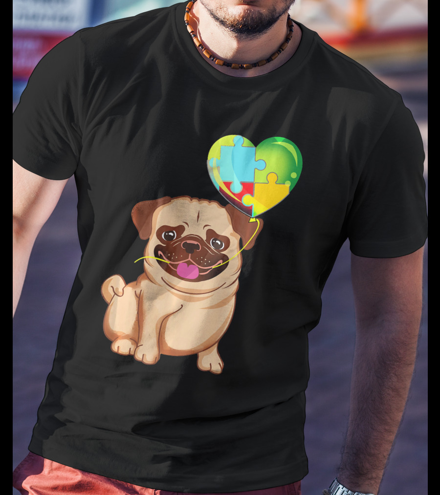 Autism Awareness Pug Puppy Heart Puzzle Balloon T-Shirt