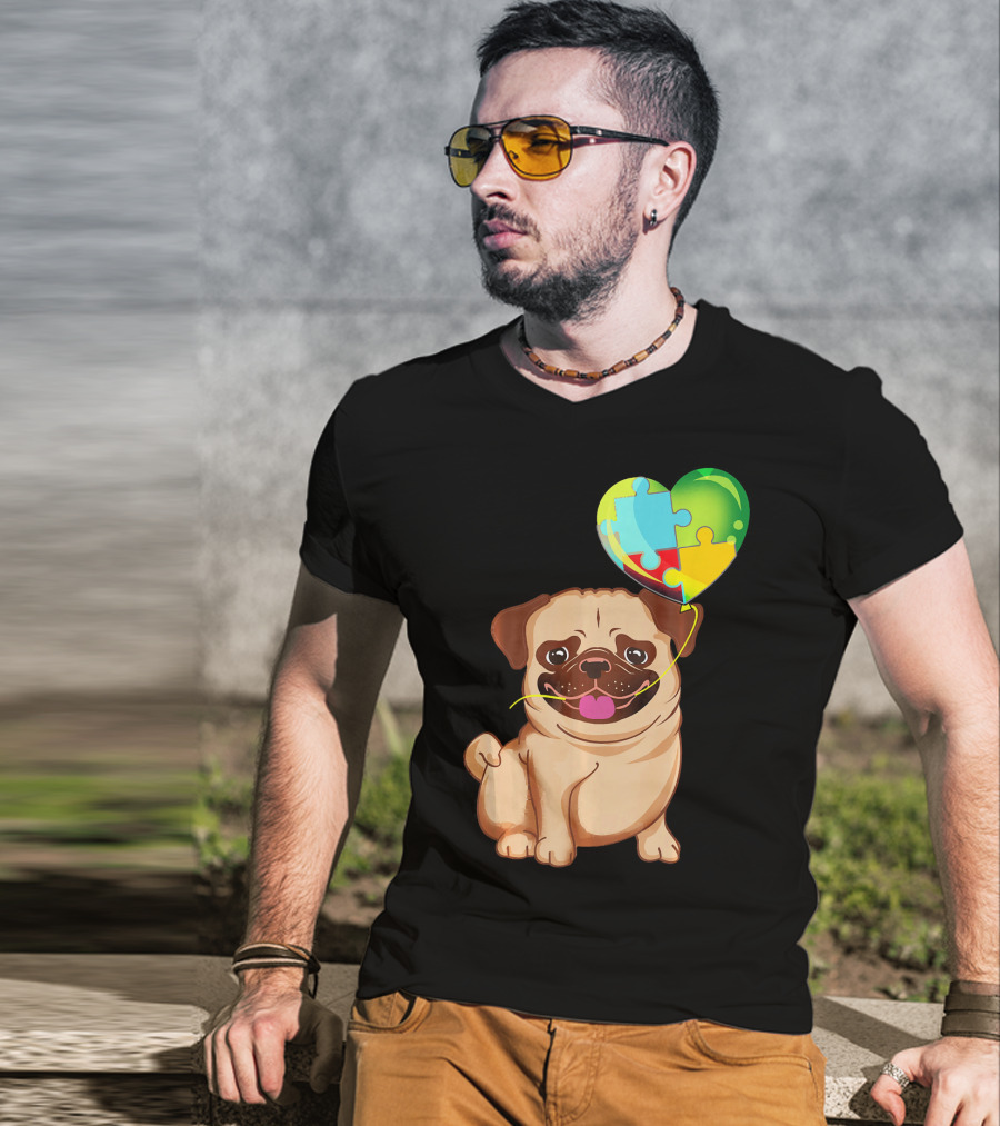 Autism Awareness Pug Puppy Heart Puzzle Balloon T-Shirt