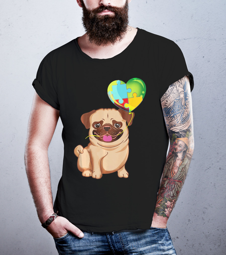 Autism Awareness Pug Puppy Heart Puzzle Balloon T-Shirt